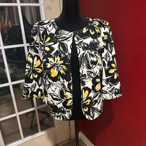 Josephine Floral Open Front Jacket Size 10 Black Yellow White 3/4 Sleeve